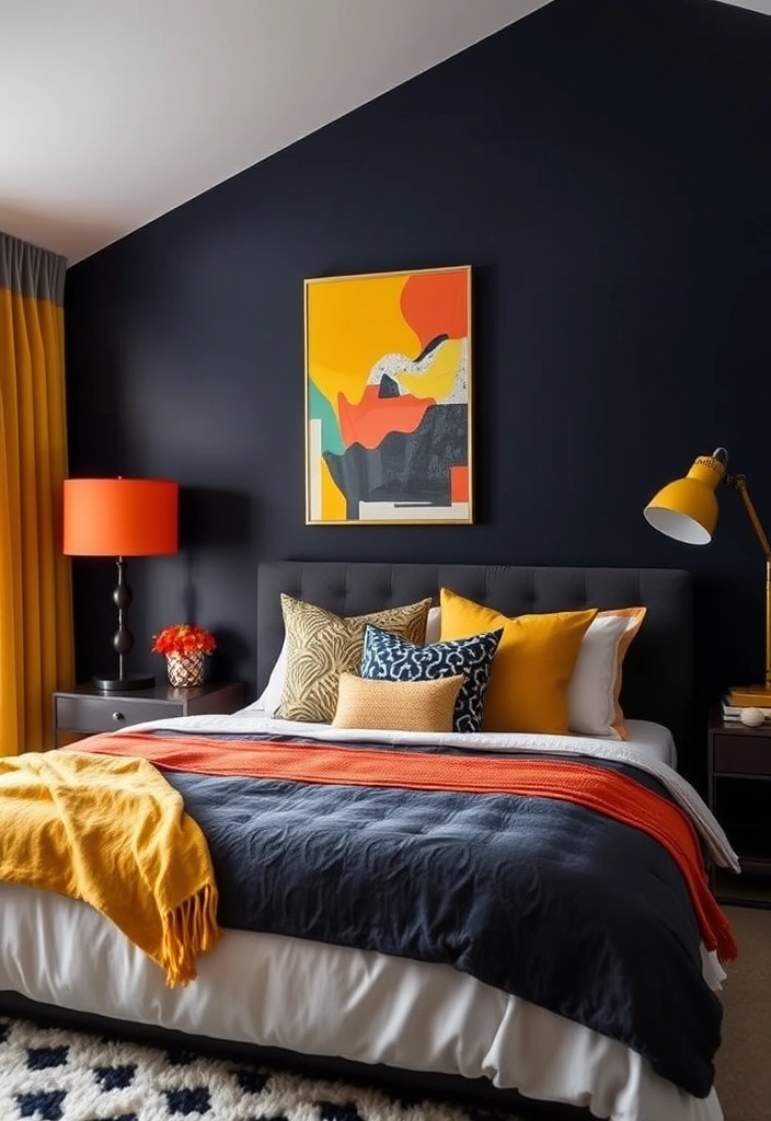 21 Moody Eclectic Bedroom Ideas That Will Transform Your Space into a Cozy Sanctuary! 4 21 Moody Eclectic Bedroom Ideas That Will Transform Your Space into a Cozy Sanctuary! - 1. Dark Walls and Bright Accents