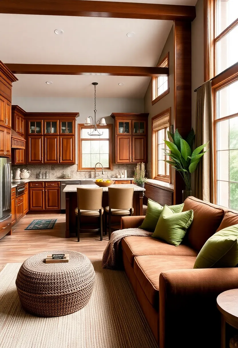 21 Living Room and Kitchen Together Ideas 8 21 Stunning Living Room and Kitchen Combinations - 5. Elegant Earth Tones