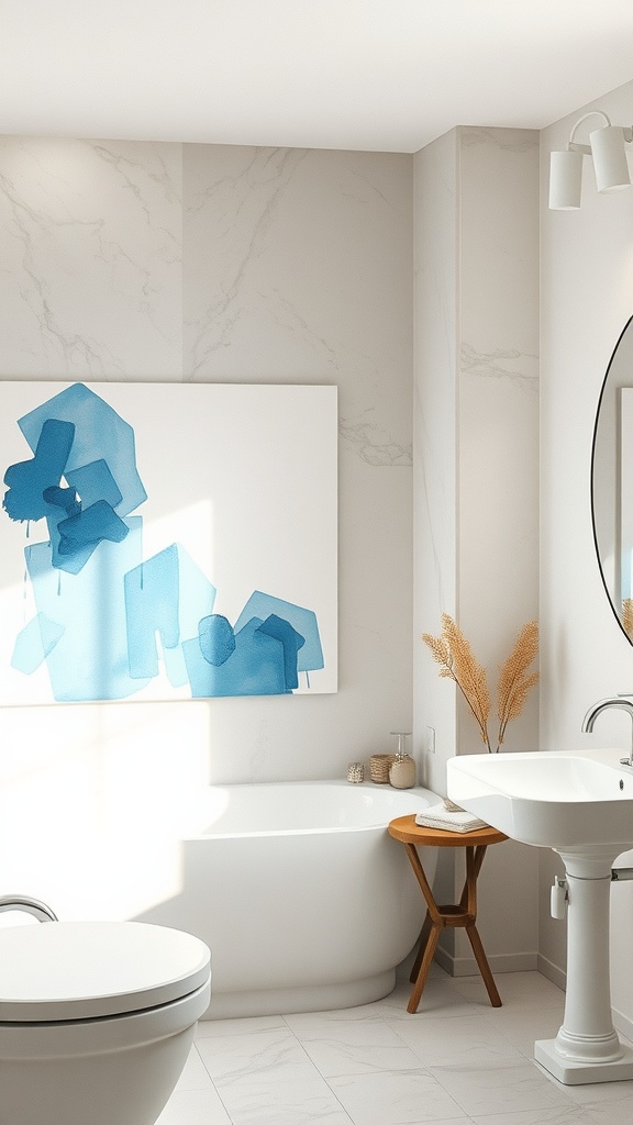 15 Bathroom Pictures Wall Art Ideas To Enhance Your Space 3 A bathroom featuring abstract watercolor art on the wall, with a modern bathtub and sink.