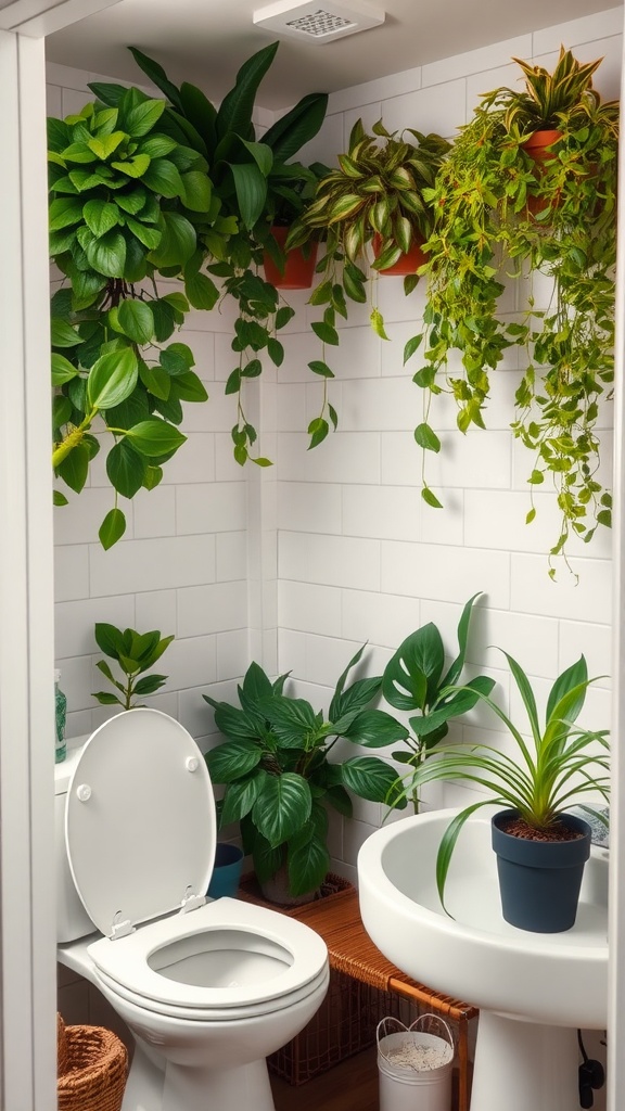 21 Small Space Bathroom Design Ideas 13 Small bathroom with various plants adding greenery and freshness.