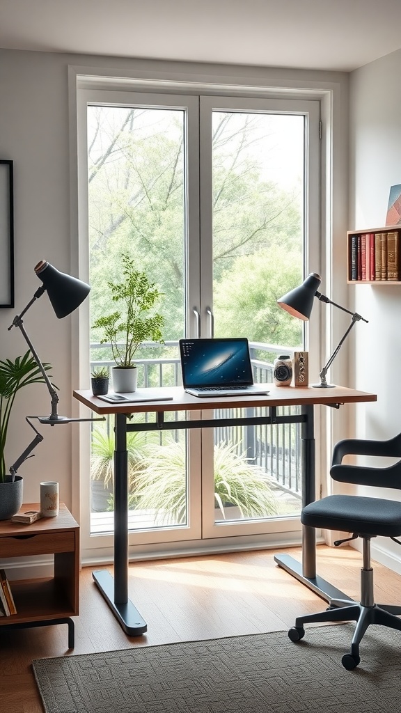 17 Creative Computer Desk Ideas to Transform Your Home Office 6 Stylish adjustable standing desk near a window with plants and a laptop.