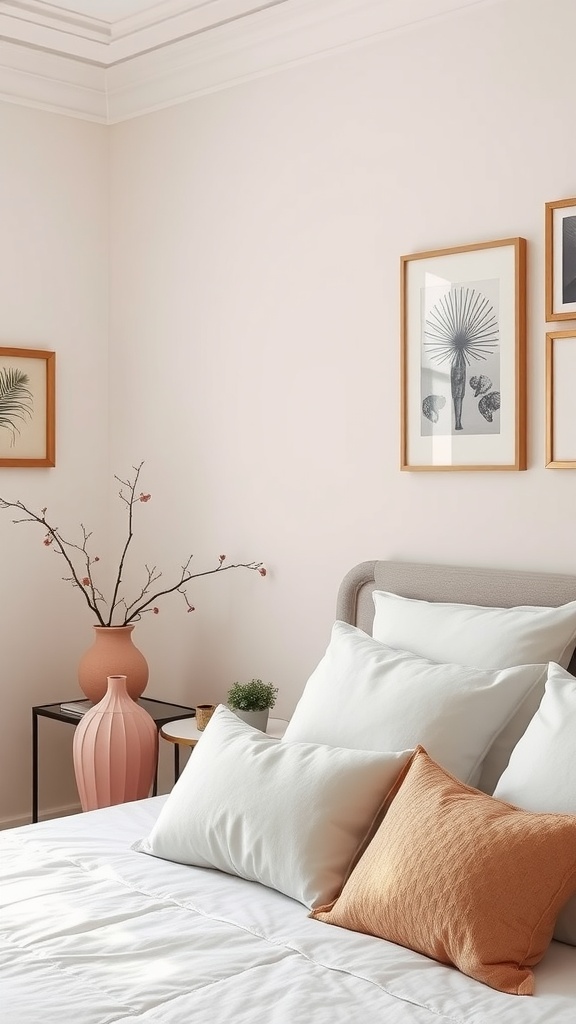 15 Dusty Pink Bedroom Ideas For A Soft & Elegant Vibe 3 A cozy bedroom featuring dusty pink walls, stylish decor including framed art and a decorative vase.