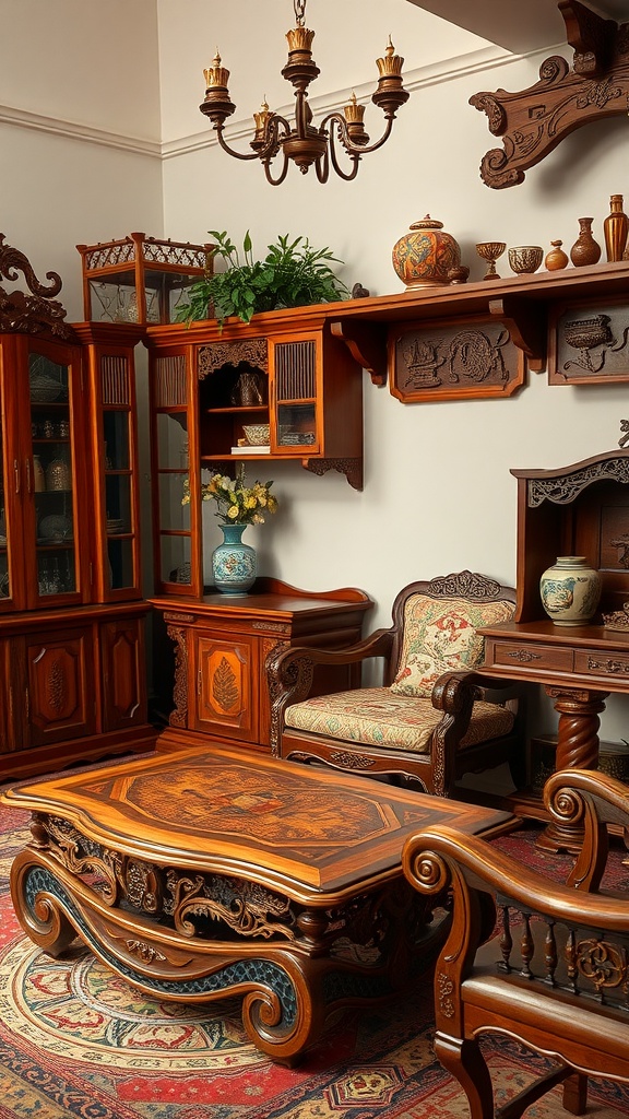 21 Craftsman Interior Design Ideas For A Cozy & Timeless Home 12 An elegantly furnished room featuring finely crafted wooden furniture with intricate designs.