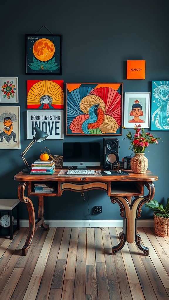 17 Creative Computer Desk Ideas to Transform Your Home Office 4 Artistic desk with a custom design, featuring colorful artwork on the wall and a stylish setup.