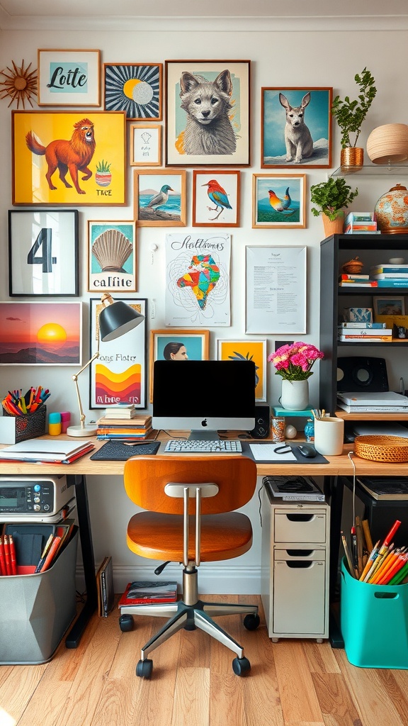 9 Stunning Desk Inspo Ideas For Your Home Office 6 A vibrant home office with a gallery wall featuring various framed artworks and a stylish wooden desk.