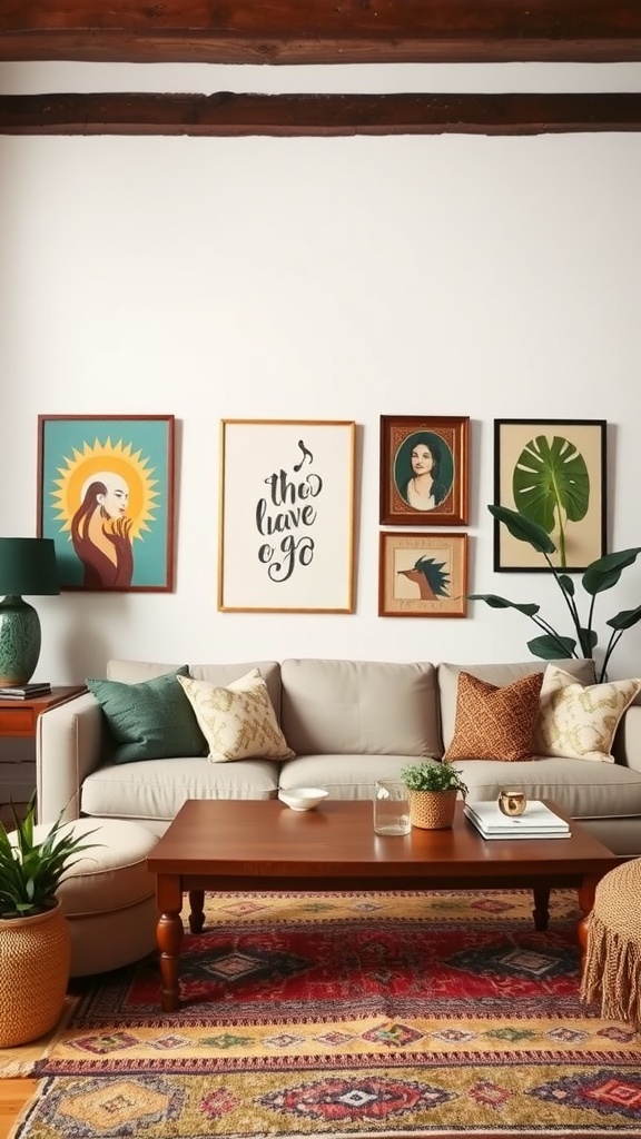 15 Cozy Boho Living Room Ideas For A Relaxing Retreat 5 A cozy Boho living room featuring artistic prints and wall art.