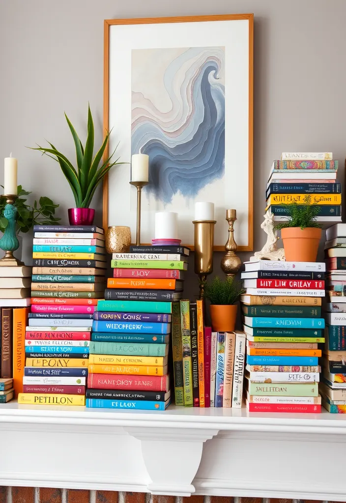 21 Spring Mantel Decorating Ideas That’ll Freshen Up Your Home 19 21 Spring Mantel Decorating Ideas That’ll Freshen Up Your Home (You Won't Believe #14!) - 16. Colorful Book Stacks