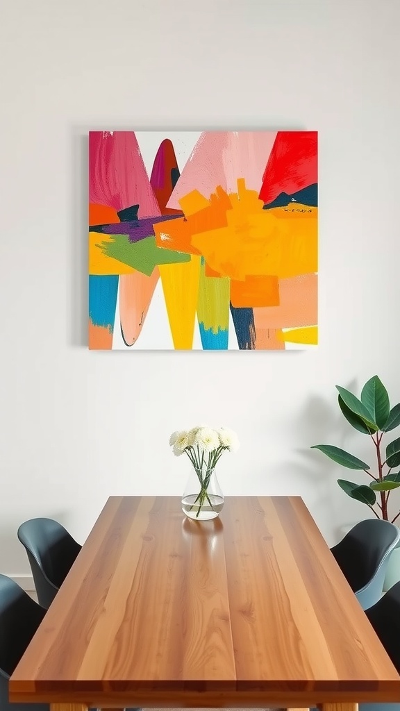 19 Beautiful Dining Room Art Ideas To Decorate Your Space 6 A colorful abstract painting on a wall above a wooden dining table with a vase of flowers.