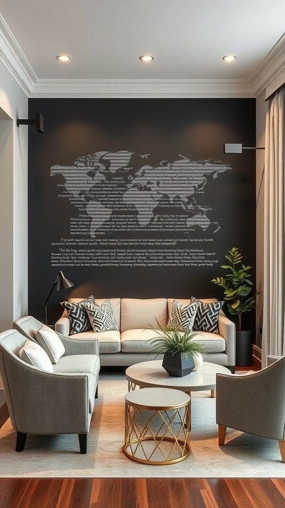 11 Transitional Interior Design Style Ideas For A Balanced Look 3 Living room featuring a bold accent wall with a world map design.
