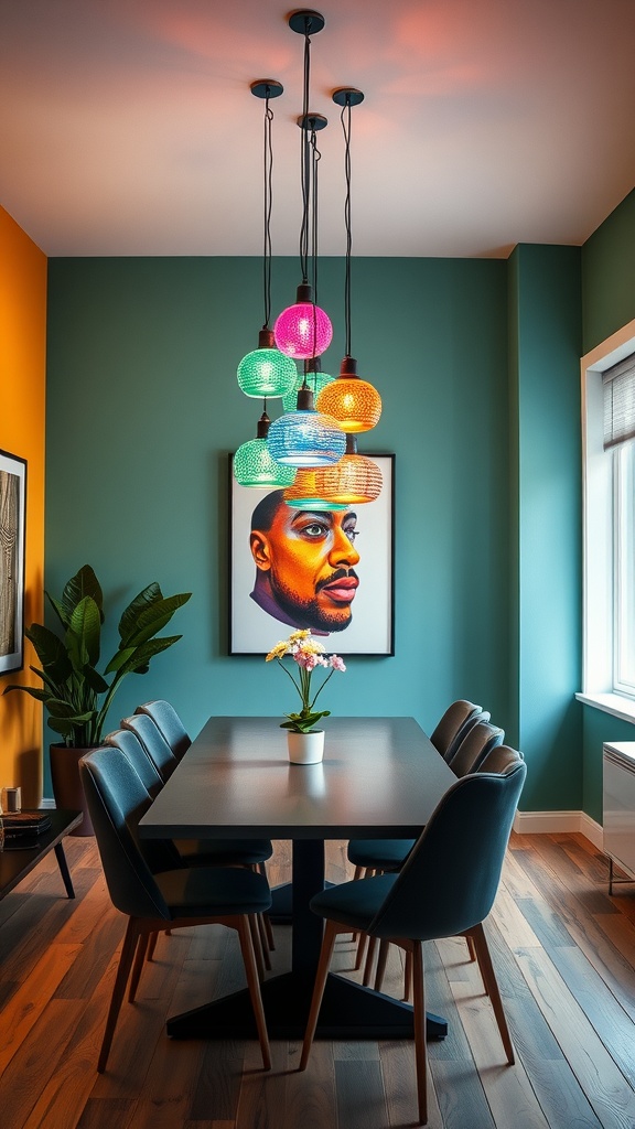 19 Gorgeous Dining Room Lighting Over Table Ideas 10 A colorful and vibrant lighting fixture hanging over a dining table in a stylish room.