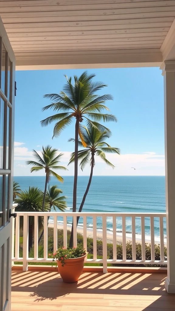 19 Low Country Homes With Southern Charm & Elegance 11 A view from a porch overlooking the ocean, featuring palm trees and bright blue skies.