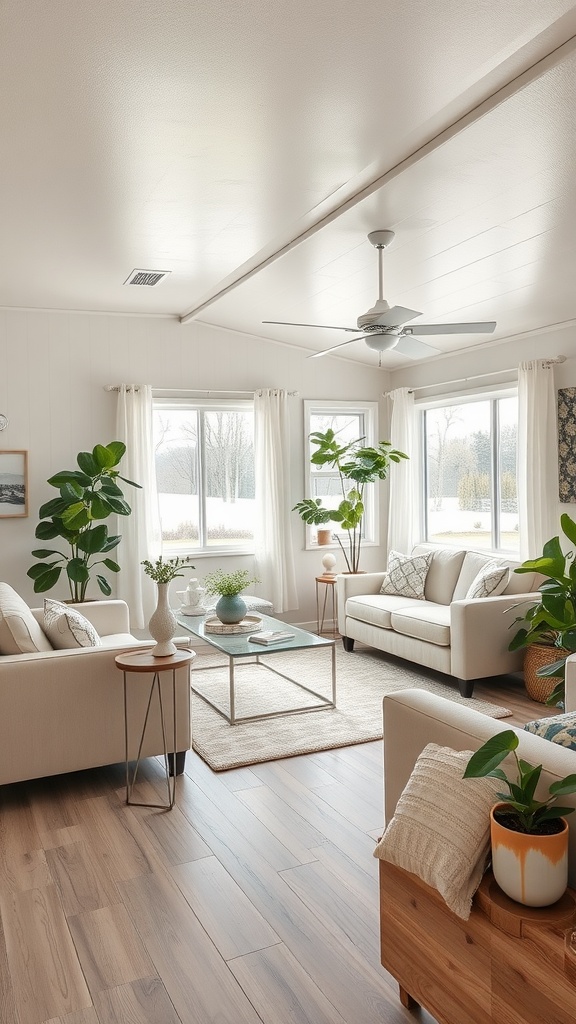 19 Singlewide Mobile Home Ideas For A Cozy & Chic Upgrade 5 Bright and airy living room with light-colored furniture and plants.