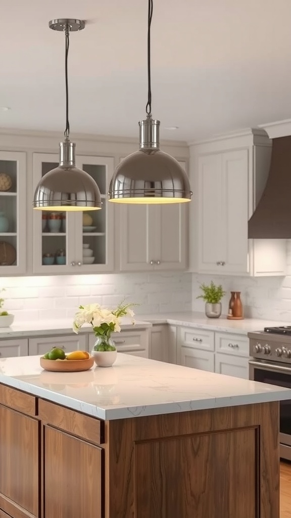 15 Pendant Lighting Over Kitchen Island Ideas For A Stylish Glow 9 Brushed nickel pendant lights hanging over a kitchen island.