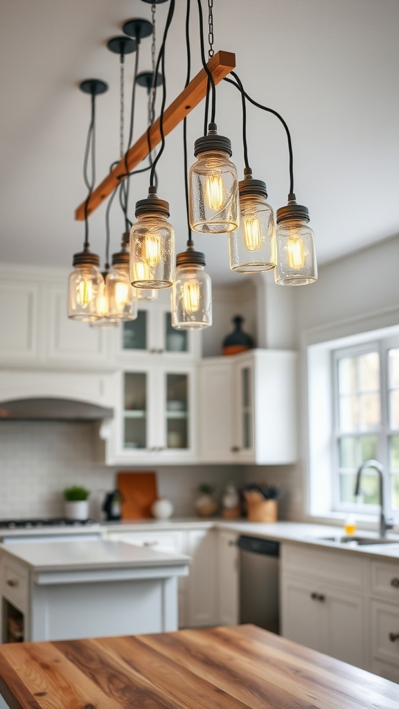 15 Pendant Lighting Over Kitchen Island Ideas For A Stylish Glow 5 Cascade of hanging mason jars as kitchen island lighting