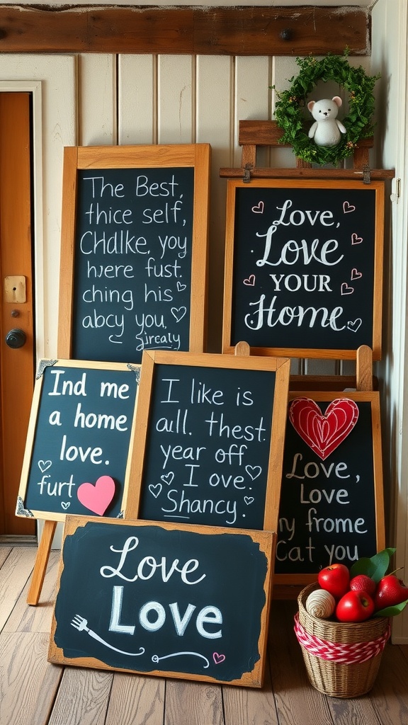 15 Farmhouse Valentine Decor Ideas For A Rustic Romantic Touch 10 Chalkboard signs displaying love messages and decor items in a rustic setting.