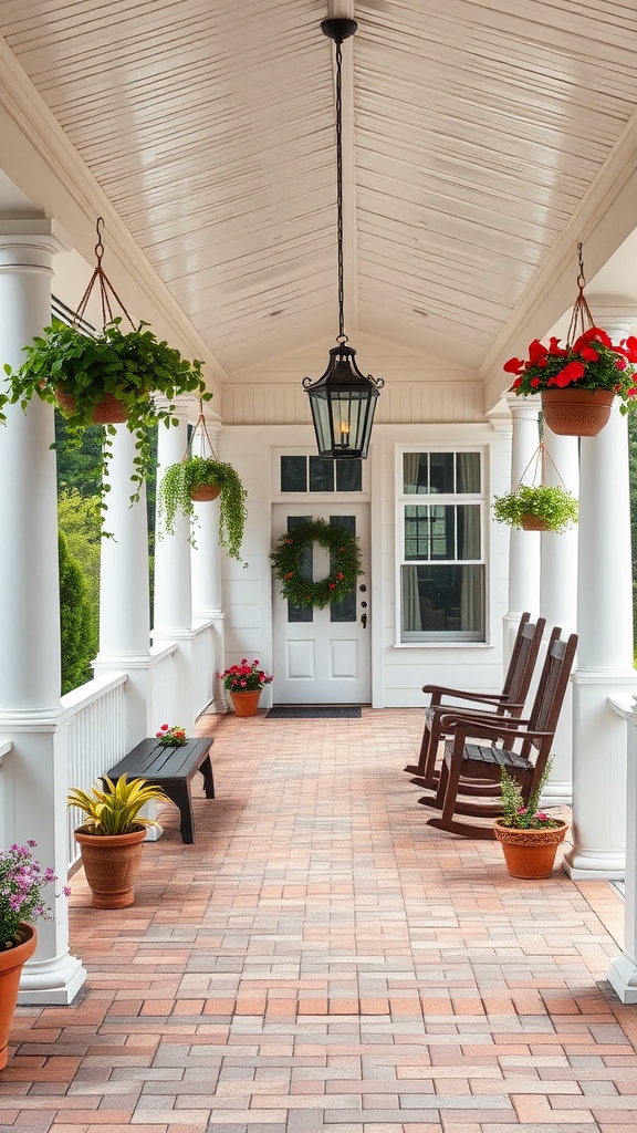 19 Low Country Homes With Southern Charm & Elegance 6 A beautiful wraparound porch with rocking chairs and hanging plants.
