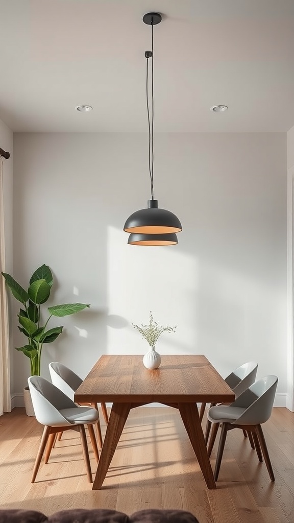 19 Gorgeous Dining Room Lighting Over Table Ideas 8 A modern dining room featuring a chic pendant light above a wooden table with four chairs.