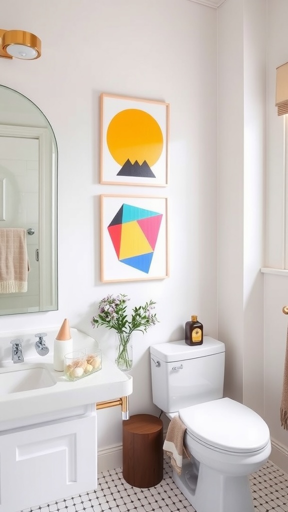15 Bathroom Pictures Wall Art Ideas To Enhance Your Space 10 A bathroom featuring colorful geometric wall art.