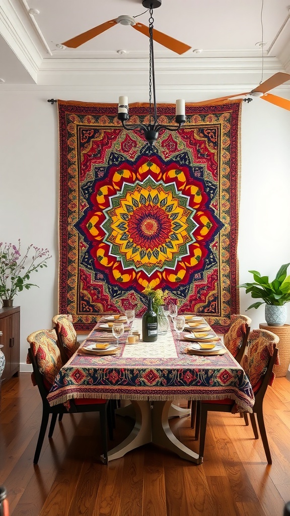 19 Beautiful Dining Room Art Ideas To Decorate Your Space 9 Colorful tapestry hanging on the wall above a dining table.