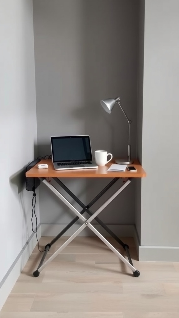 17 Creative Computer Desk Ideas to Transform Your Home Office 11 A compact folding desk placed in a corner, featuring a laptop, a cup, and a lamp.