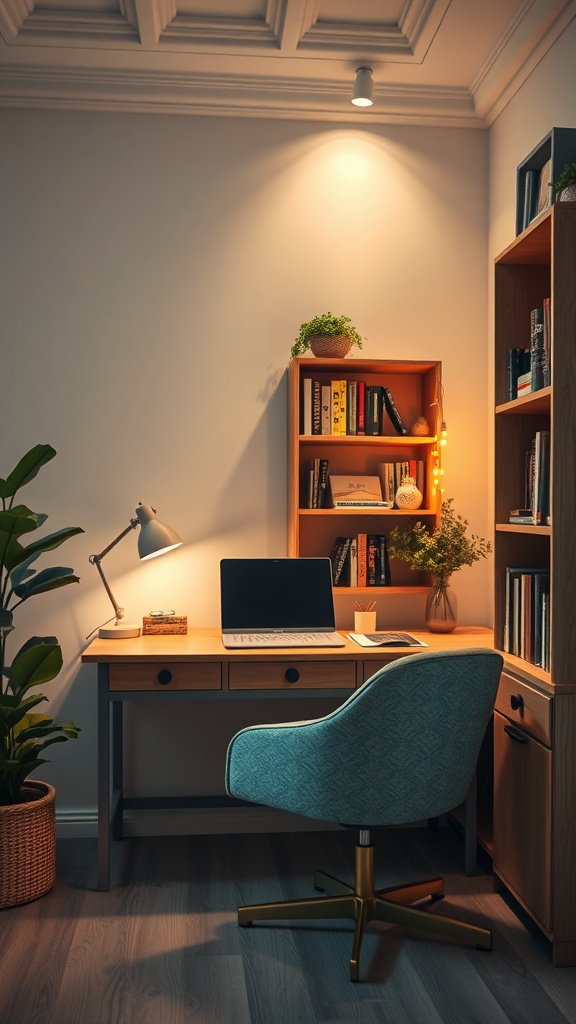 19 Stunning Ikea Desk Ideas You Need To Copy 4 A cozy corner desk nook featuring a wooden desk, laptop, lamp, and plant.