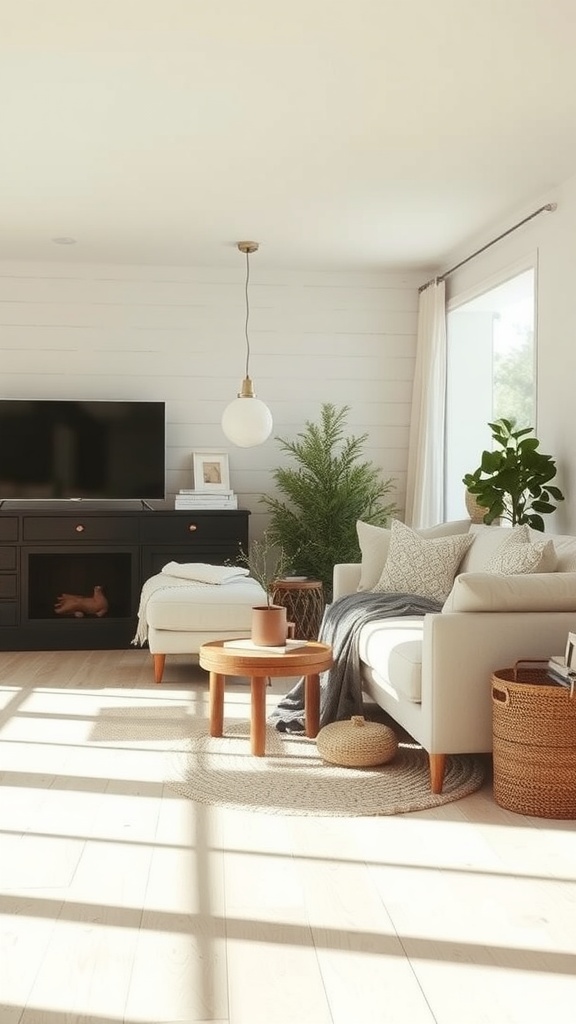 11 Transitional Interior Design Style Ideas For A Balanced Look 4 Cozy living room with neutral palette featuring light colors and natural textures