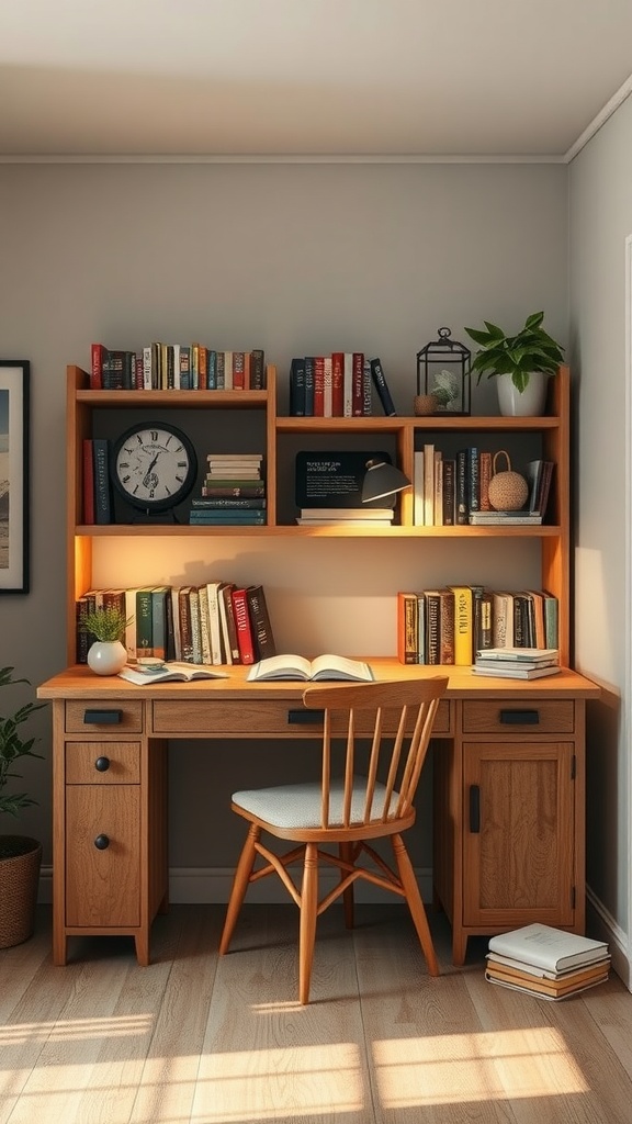 9 Stunning Desk Inspo Ideas For Your Home Office 12 A cozy reading nook with a wooden desk, chair, and shelves filled with books, creating a warm and inviting atmosphere.