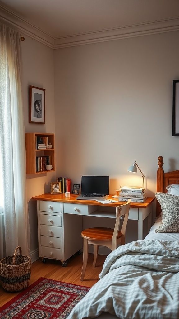 19 Beautiful Pink Desktop Wallpaper Ideas For Your Desk 17 A cozy bedroom featuring a desk and reading nook with natural light.