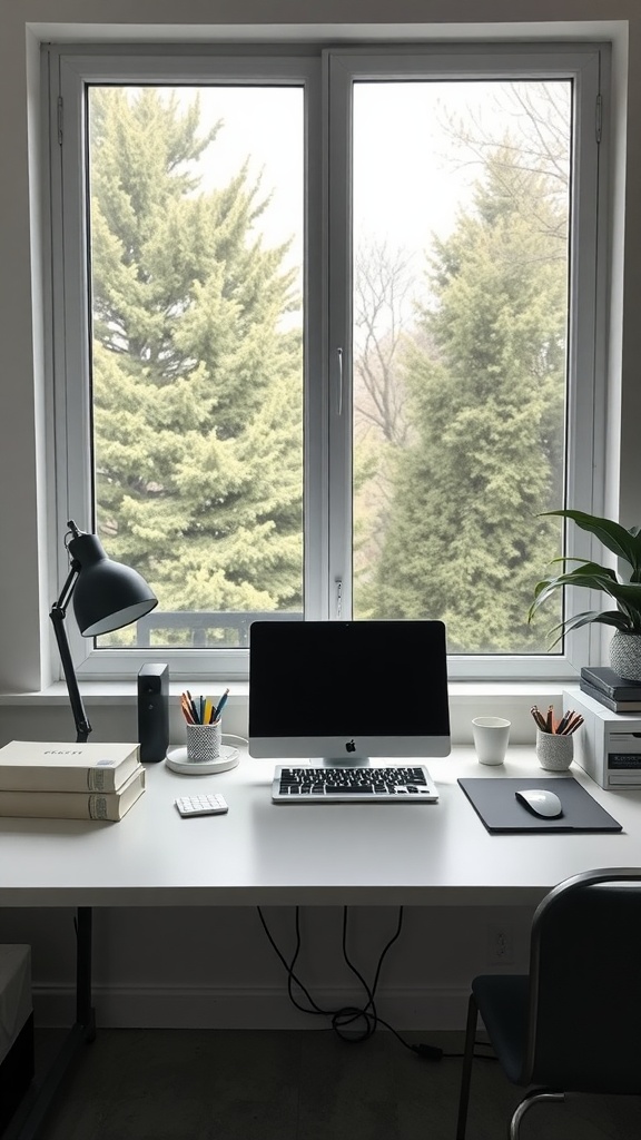 19 Creative Desk In Front Of Window Ideas For Natural Light 13 A minimalist desk setup in front of a window with plants and stationery.