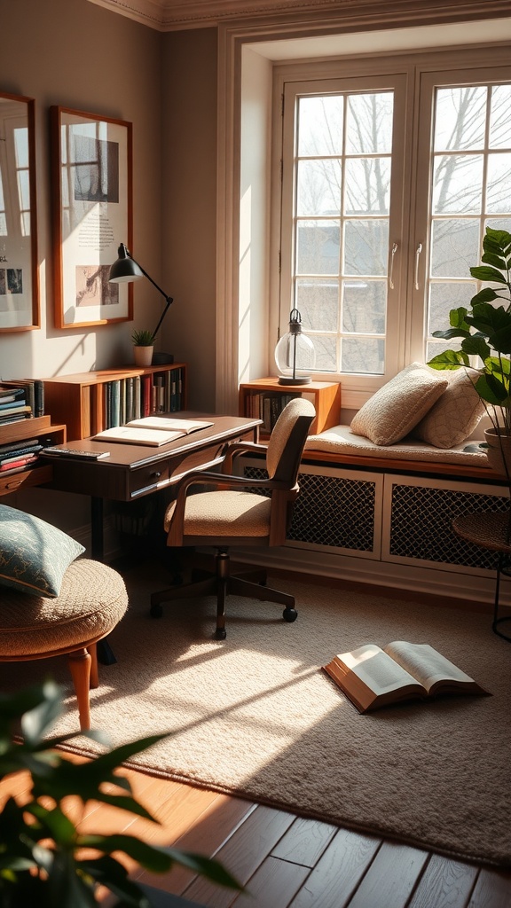 19 Creative Desk In Front Of Window Ideas For Natural Light 4 Cozy reading nook with comfortable chair, books, and natural light from the window.