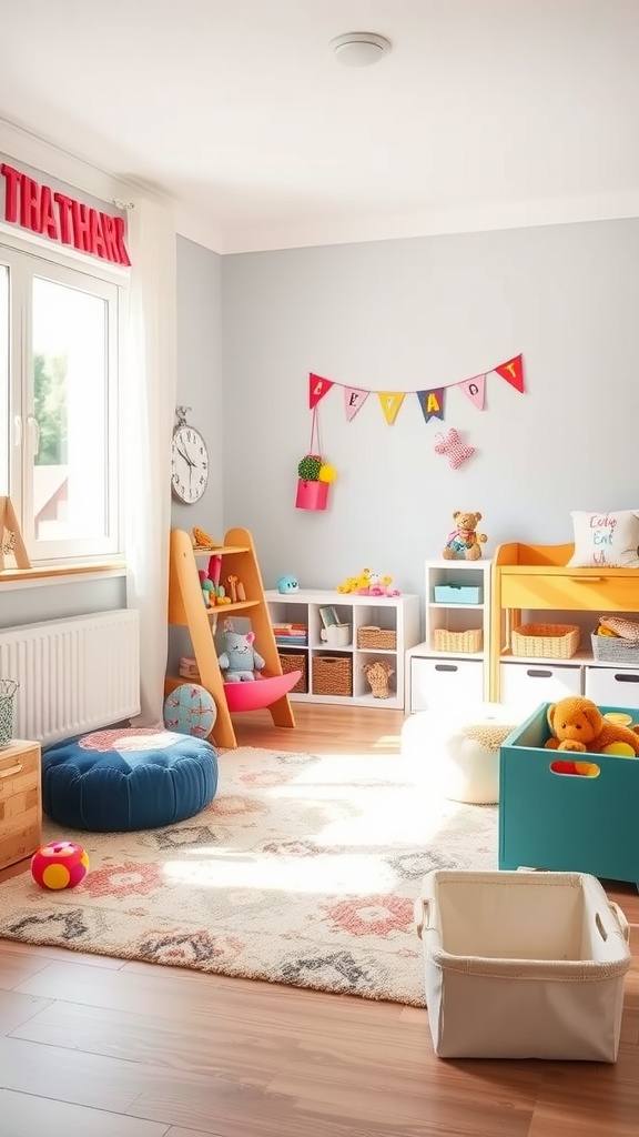 13 Kids Room Inspiration Ideas For A Stylish & Fun Space 5 A bright and cheerful kids play area with colorful decor and organized storage.