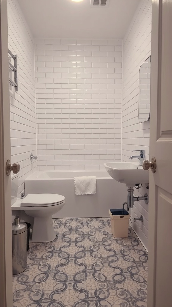 21 Small Space Bathroom Design Ideas 3 A small bathroom featuring white subway tiles on the walls and intricate patterned tiles on the floor.
