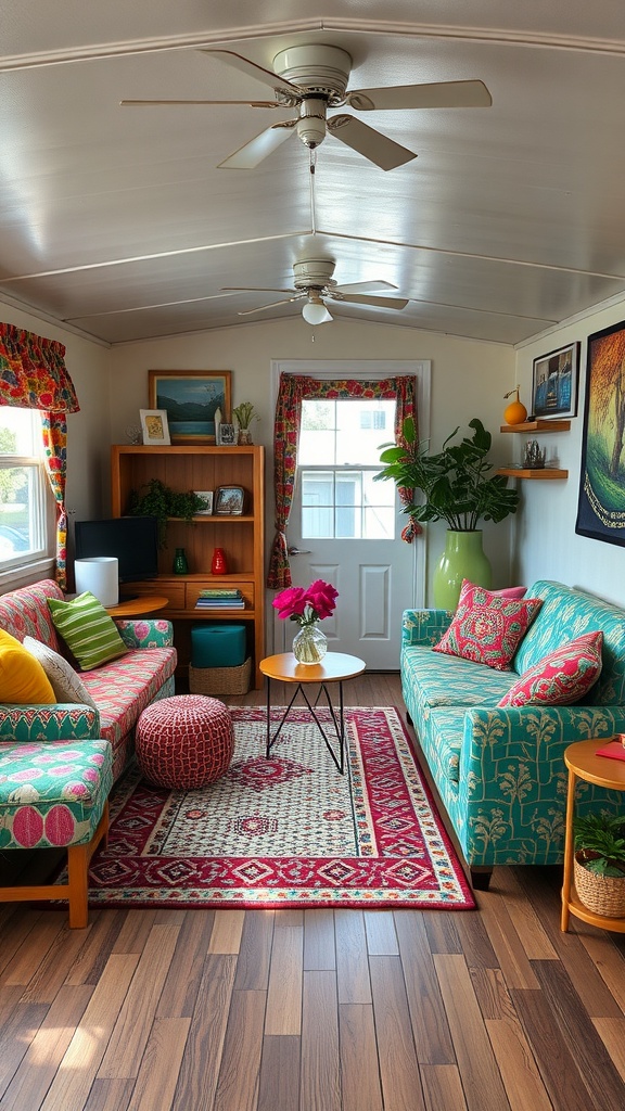 19 Singlewide Mobile Home Ideas For A Cozy & Chic Upgrade 10 A cozy living area in a singlewide mobile home featuring colorful sofas, patterned cushions, and a bright rug.