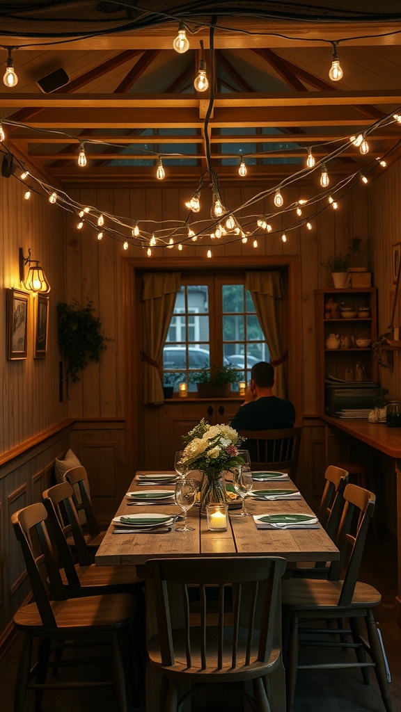 19 Gorgeous Dining Room Lighting Over Table Ideas 4 A dining room with string lights hanging above the table, creating a cozy atmosphere.