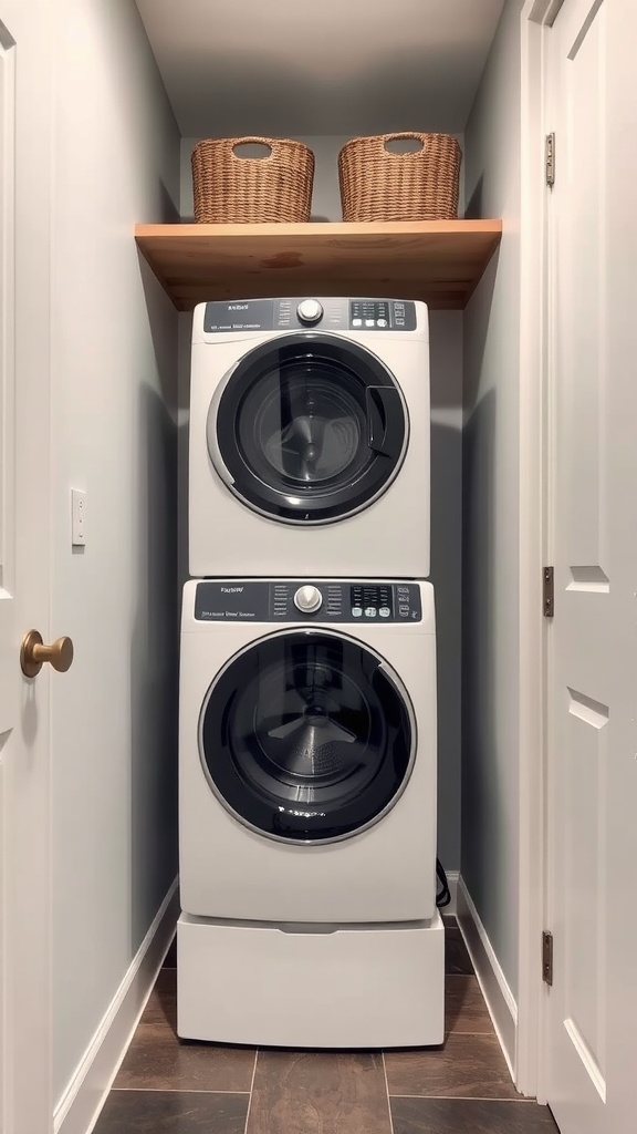 21 Stacked Laundry Room Ideas Small Spaces 8 A small laundry room with stacked washing machine and dryer, featuring a shelf above for storage.