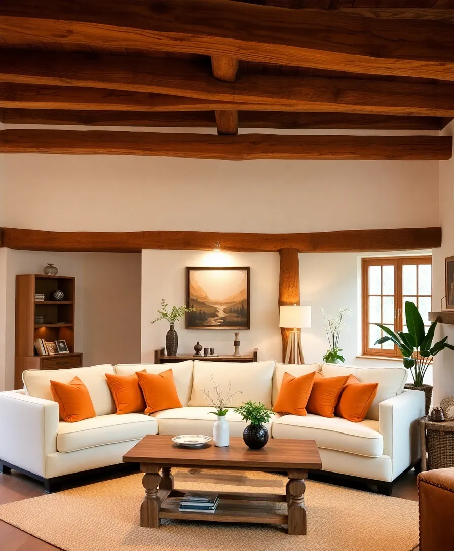 21 Cosy Living Room Ideas in Warm Colours That Will Melt Your Heart! 17 21 Cosy Living Room Ideas in Warm Colours That Will Melt Your Heart! - 13. Warm Wood Beams and Accents