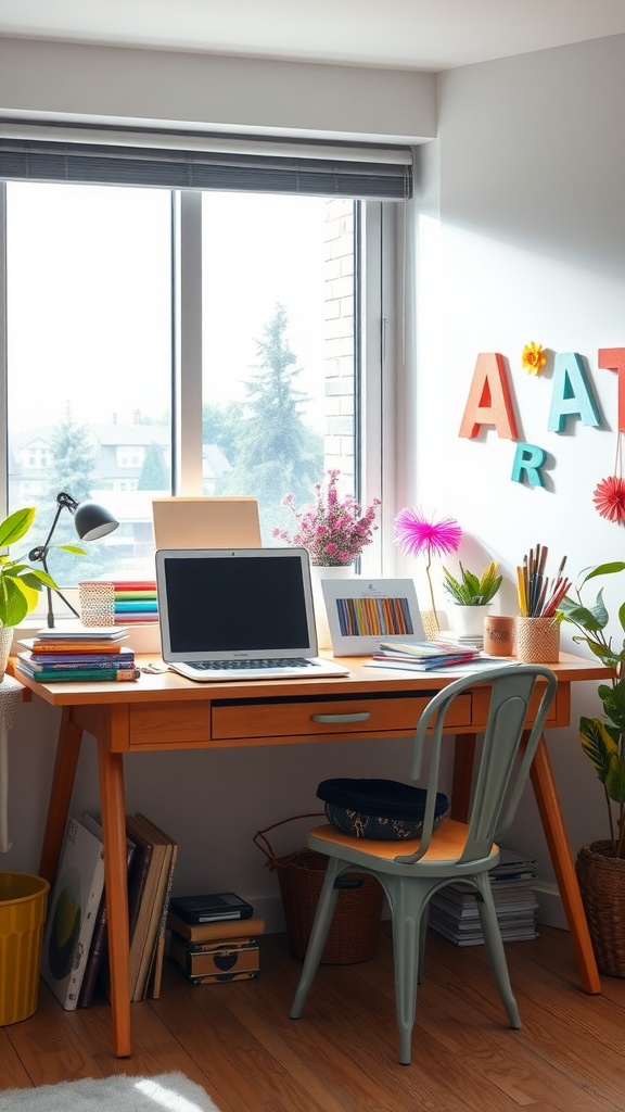 19 Creative Desk In Front Of Window Ideas For Natural Light 9 A bright and artistic workspace with a wooden desk, laptop, and colorful decor near a window.