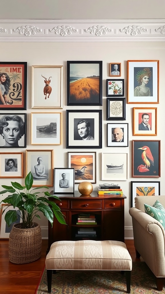11 Transitional Interior Design Style Ideas For A Balanced Look 10 A gallery wall featuring a variety of framed art pieces and photographs in different styles and sizes.