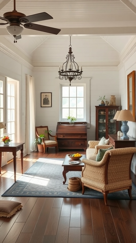 19 Low Country Homes With Southern Charm & Elegance 3 Cozy living room with wooden floors, soft lighting, and inviting furniture.