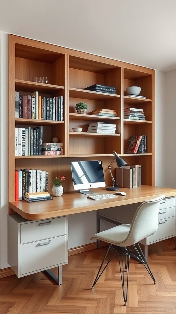 19 Stunning Ikea Desk Ideas You Need To Copy 10 A modern floating desk with shelves, featuring books and a plant, in a home office setting.