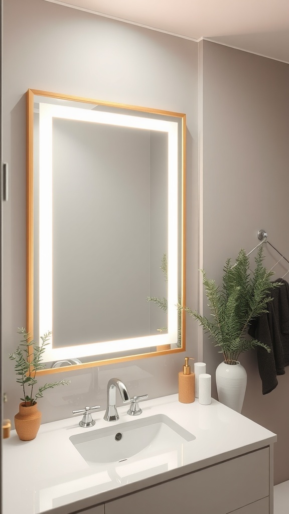 15 Bathroom Vanity Lighting Over Mirror Ideas For A Perfect Setup 7 A modern bathroom featuring a framed backlit mirror above a sleek sink with decorative plants.