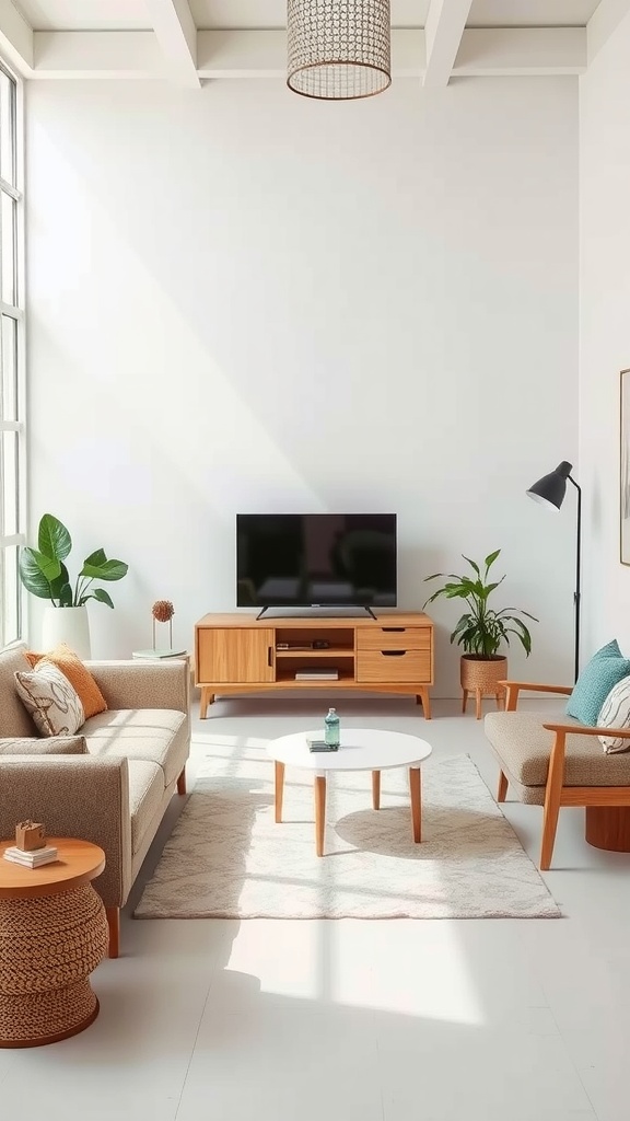 11 Transitional Interior Design Style Ideas For A Balanced Look 9 A bright and airy living room featuring a cozy sofa, a wooden coffee table, and plants, showcasing a transitional interior design style.
