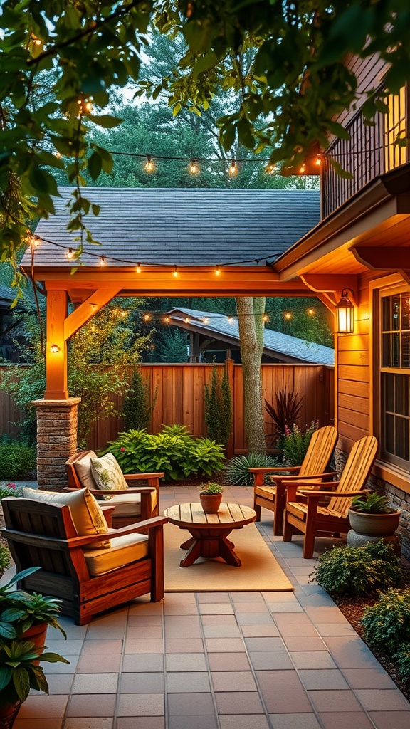 21 Craftsman Interior Design Ideas For A Cozy & Timeless Home 11 Cozy outdoor seating area with wooden chairs, a table, and warm string lights.
