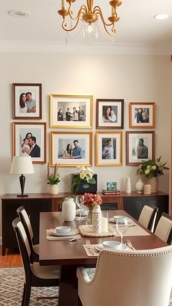 19 Beautiful Dining Room Art Ideas To Decorate Your Space 7 A dining room featuring a gallery wall of framed family photos.