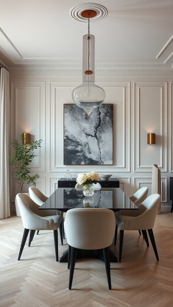 19 Gorgeous Dining Room Lighting Over Table Ideas 11 A modern dining room featuring a glass pendant light above a sleek table with elegant chairs.