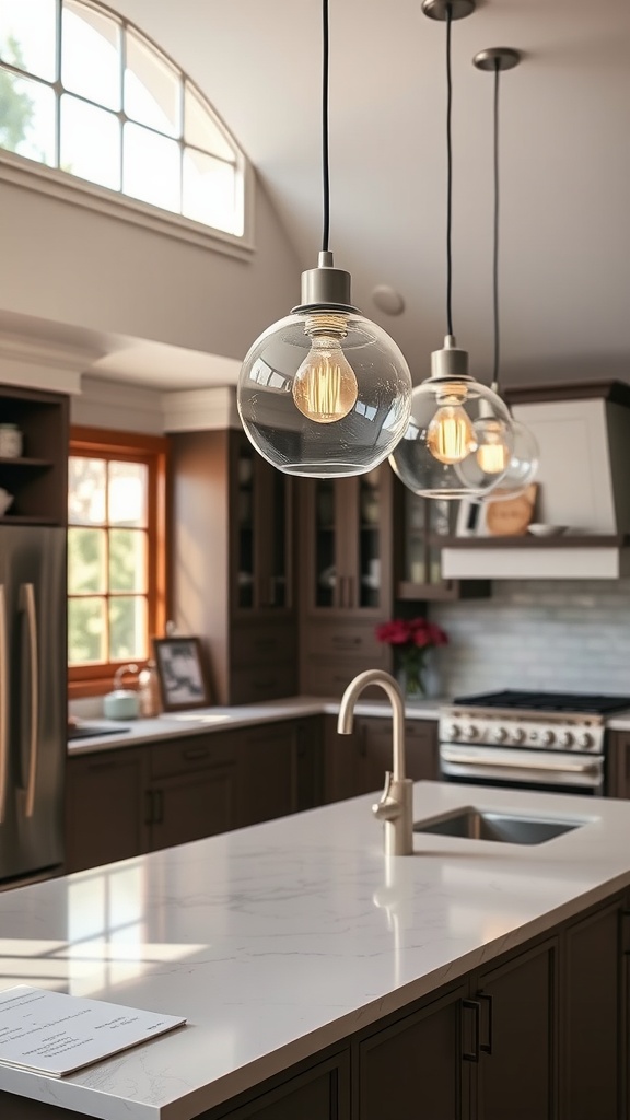15 Pendant Lighting Over Kitchen Island Ideas For A Stylish Glow 6 Three glass globe pendant lights hanging over a kitchen island.