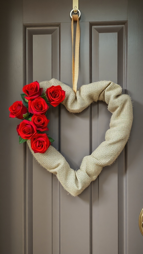 15 Farmhouse Valentine Decor Ideas For A Rustic Romantic Touch 8 A heart-shaped burlap wreath adorned with red roses hanging on a door.