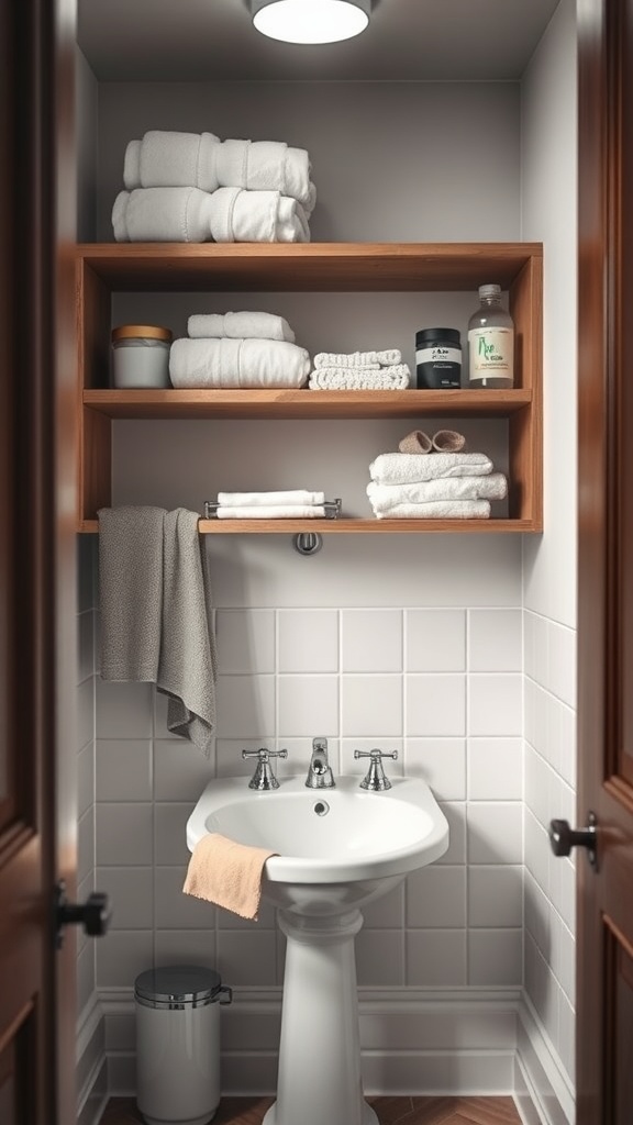 21 Small Space Bathroom Design Ideas 9 Small bathroom with open shelving displaying neatly arranged towels and toiletries.