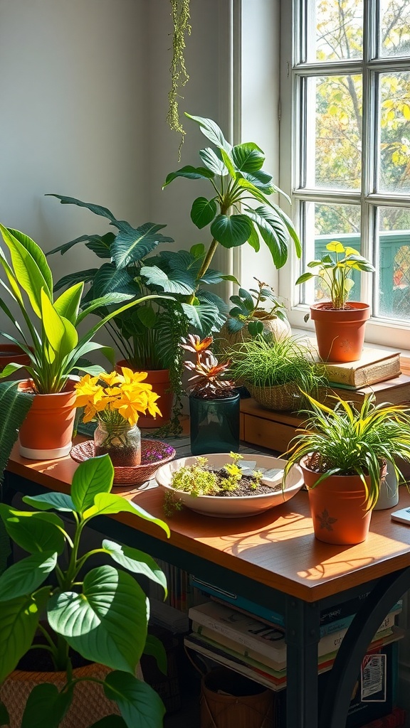 19 Creative Desk In Front Of Window Ideas For Natural Light 7 A bright workspace with various indoor plants, including leafy greens and colorful flowers, arranged near a window.