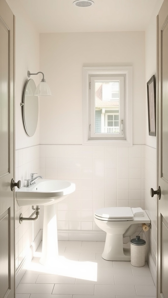 21 Small Space Bathroom Design Ideas 6 A small, light-colored bathroom featuring a sink, toilet, and a window that lets in natural light.